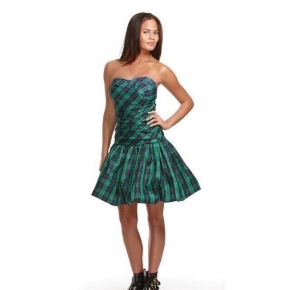 Luella Bartly Green and Navy Tartan Strapless Bubble Dress